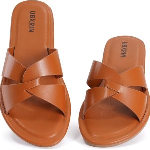 UBXRIN Womens Minimalist Memory Foam Comfortable Slide Sandals Summer Casual Soft Leather Flat Slippers